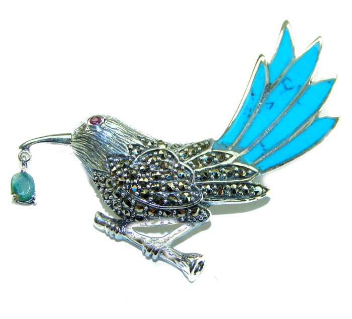 Blue Bird genuine INLAY Turquoise Marcasite .925 Sterling Silver handmade Brooch - video