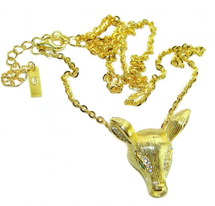 Deer'S Head 0.5 carat Emerald .925 Sterling Silver dipped in 18K Gold handmade Statement necklace