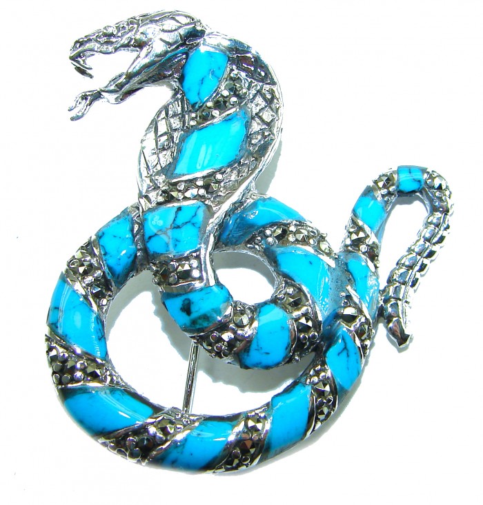 Cobra Snake inlay Turquoise .925 Sterling Silver handcrafted Brooch