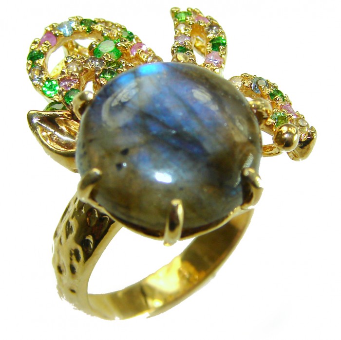 Shimmering Natural Labradorite 18K Gold over .925 Sterling Silver handcrafted Large ring size 8