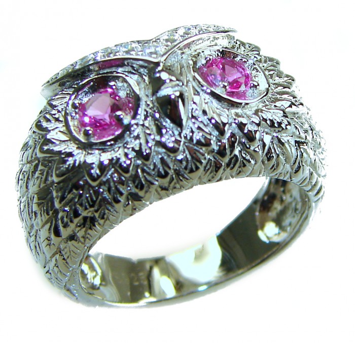 Owl 2.1 carat Pink Tourmaline Eyes .925 Sterling Silver dipped in real Gold handmade Ring size 7 1/4