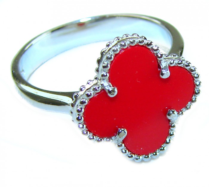 A four-leaf clover Coral .925 Sterling Silver handcrafted ring s. 8