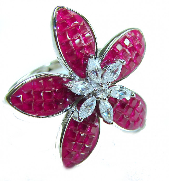 Luxurious Flower 12.5 carat natural Ruby .925 Sterling Silver handcrafted Ring size 7
