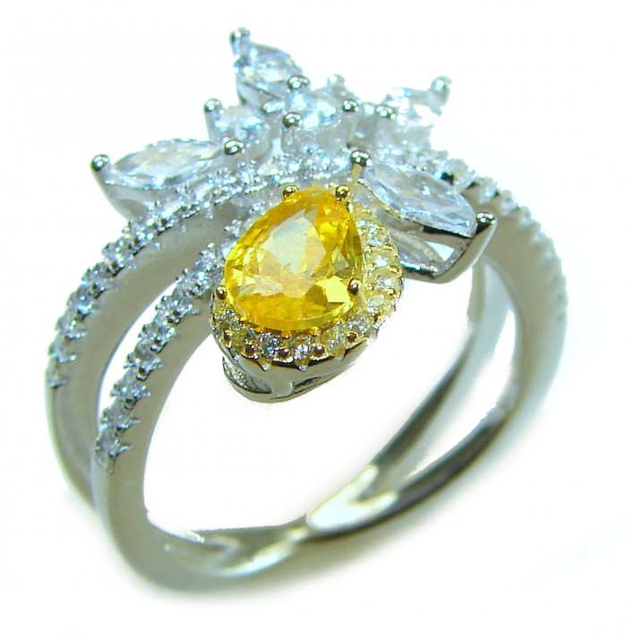 Splendid pear cut 3.2 carat yellow Sapphire .925 Sterling Silver brilliantly handcrafted ring s. 8