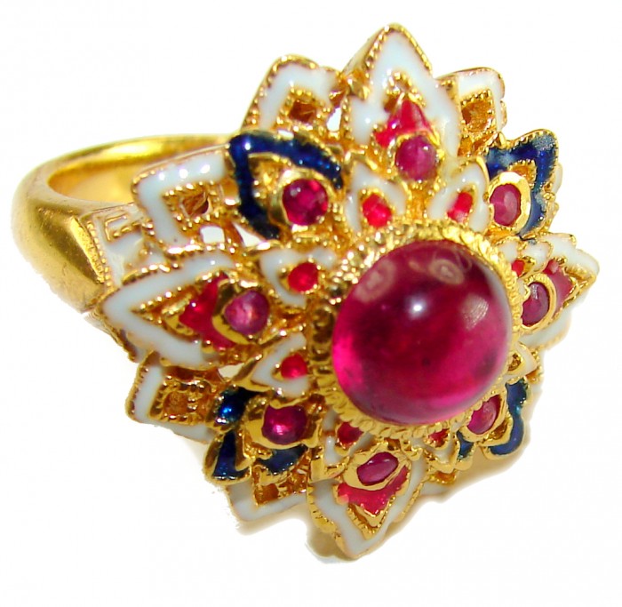 Divine Creation 5.5 carat Mozambique Star Ruby Enamel 18K Gold over .925 Sterling Silver handcrafted Ring s. 7