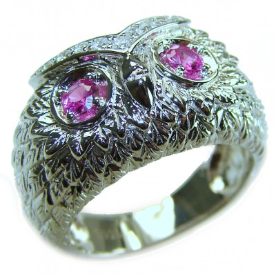 Owl 2.1 carat Pink Tourmaline Eyes .925 Sterling Silver dipped in real Gold handmade Ring size 7 1/4