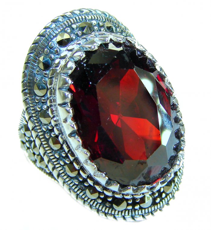 Crimson Fire Natural 29.4 carat Garnet Marcasite .925 Sterling Silver handmade Large Statement Ring size 7 - video