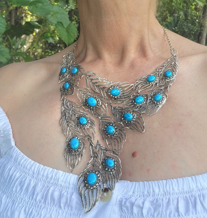 HUGE 104.7 grams Peacock Feather design genuine Turquoise .925 Sterling Silver handcrafted Necklace