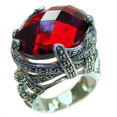 Bella Rosa Natural 28.4 carat Ruby Marcasite .925 Sterling Silver handmade Large Statement Ring size 7 3/4