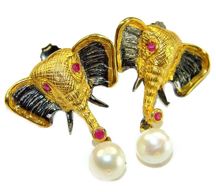 Elephant Authentic Ruby Pearl 2 tones .925 Sterling Silver handcrafted earrings