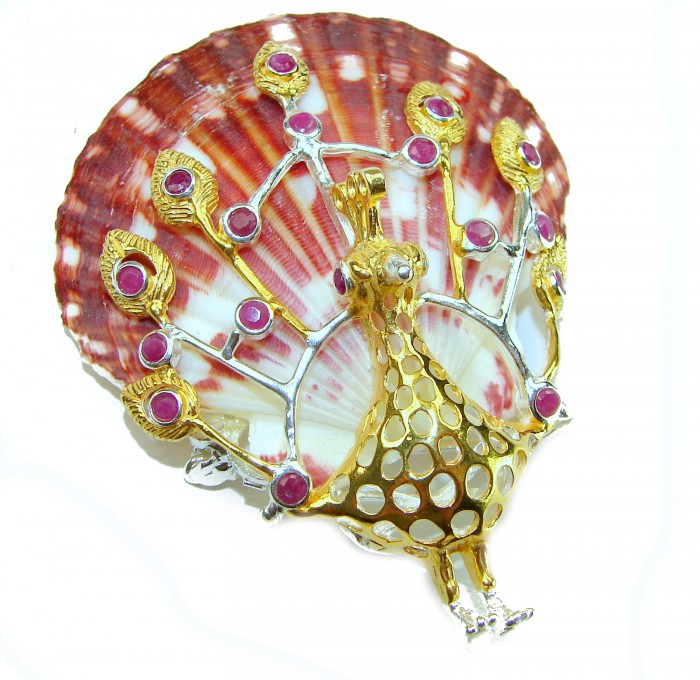 Greaceful Peacock Genuine Ocean Shell Ruby 14K Gold over .925 Sterling Silver handcrafted Pendant brooch