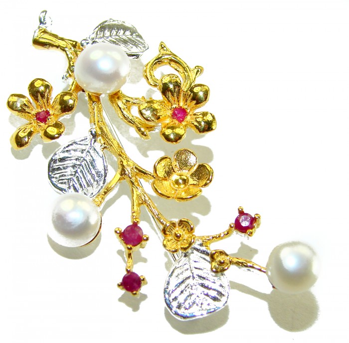 Floral Design Genuine Pearl Ruby 14K Gold .925 Sterling Silver handmade Pendant Brooch
