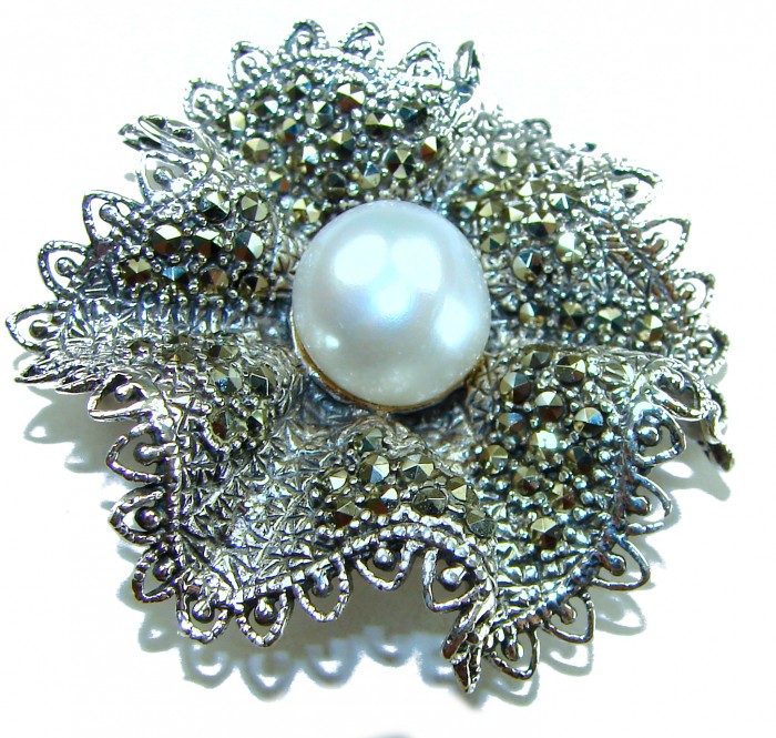 Genuine white Pearl Marcasite .925 Sterling Silver handcrafted Brooch