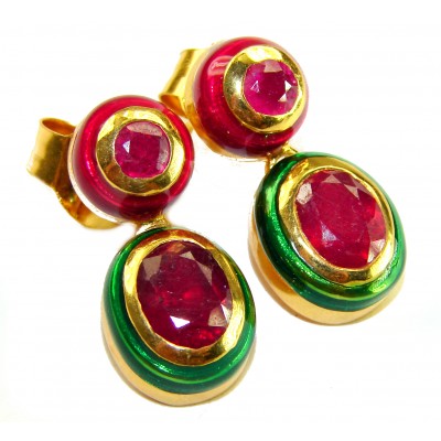 Countless Blessings Genuine 4.5 carat Authentic Ruby enamel 18K Gold over .925 Sterling Silver handcrafted earrings