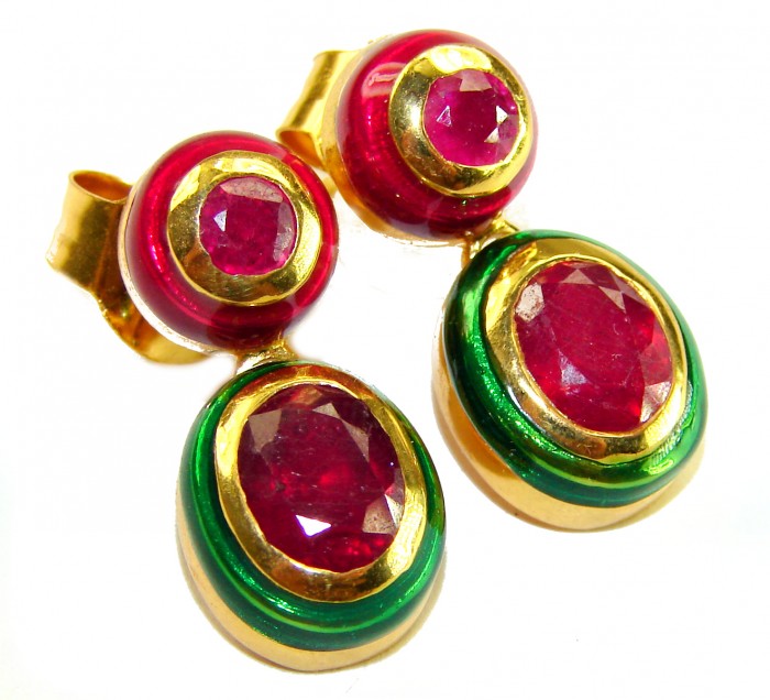 Countless Blessings Genuine 4.5 carat Authentic Ruby enamel 18K Gold over .925 Sterling Silver handcrafted earrings