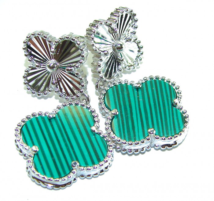 Outstanding inlay authentic Malachite Lucky Four Leaf Clover .925 Sterling Silver Earrings