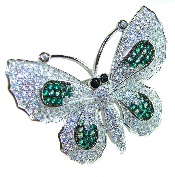 Precious Butterfly Genuine 10.5 carat Emerald .925 Sterling Silver handmade LARGE Statement Ring size 8