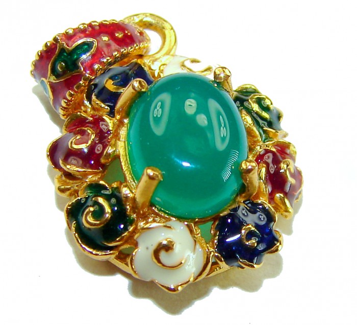 INCREDIBLE 3.2 carat Natural Jade Enamel 18K Gold over .925 Sterling Silver Pendant