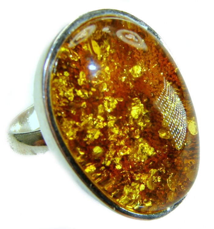 Beauty of the Nature Baltic Amber .925 Sterling Silver handcrafted ring; s. 7 adjustable