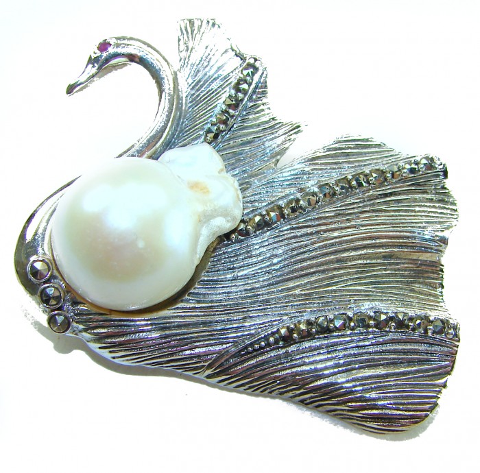 Perfect Swan Mother of Pearl Ruby .925 Sterling Silver handmade Pendant Brooch