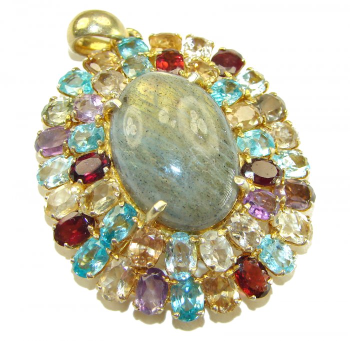 Magical Aurora 55.5 carat Fire Labradorite .925 Sterling Silver dipped in 14K Gold handcrafted Pendant - video