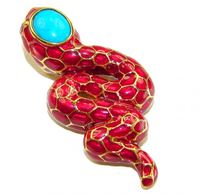 INCREDIBLE Red Snake Natural Ruby Enamel Snake 14K Gold over .925 Sterling Silver Pendant