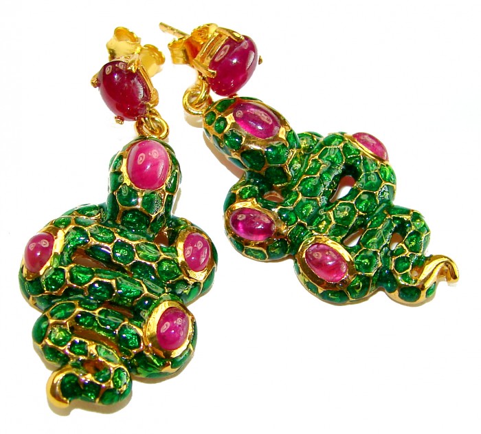 Green Snakes Genuine Enamel Ruby 18K Gold over .925 Sterling Silver handcrafted Earrings