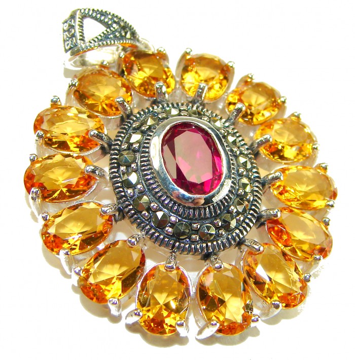 Vintage Design Genuine 22.5 carat precious Ruby Citrine .925 Sterling Silver handmade Pendant