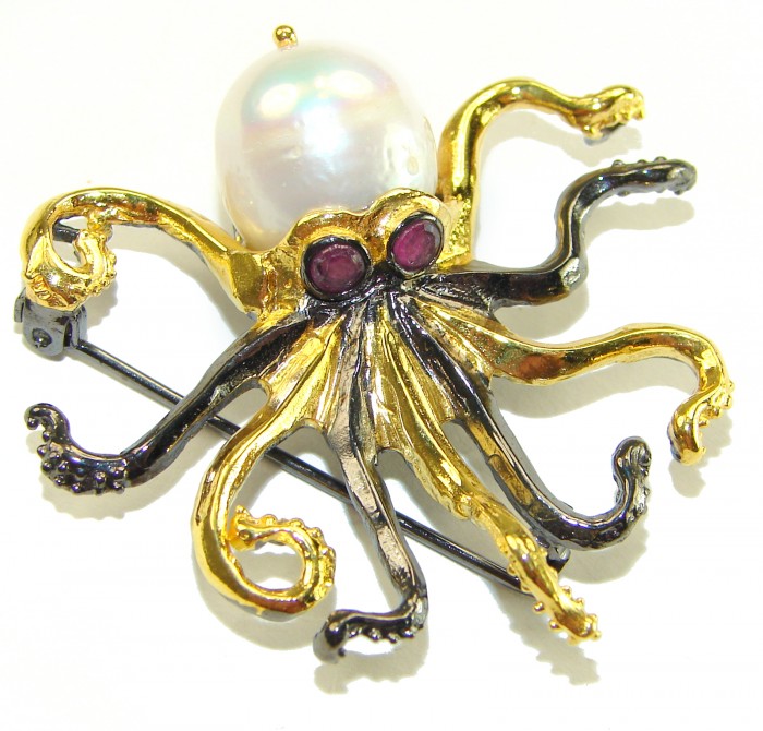 Octopus real Pearl 18K Gold over .925 Sterling Silver handmade Pendant