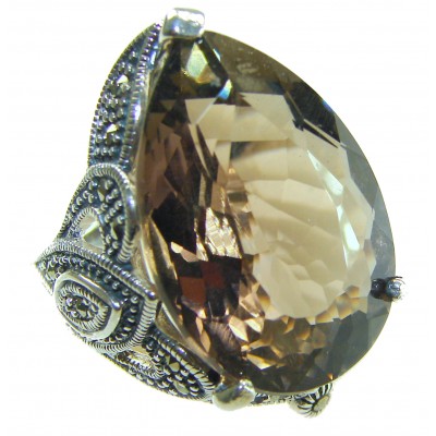 Rare Finding! Natural 28.4 carat Smoky Quartz Marcasite .925 Sterling Silver handmade Large Statement Ring size 8