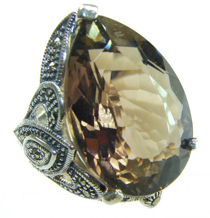 Rare Finding! Natural 28.4 carat Smoky Quartz Marcasite .925 Sterling Silver handmade Large Statement Ring size 8 - video