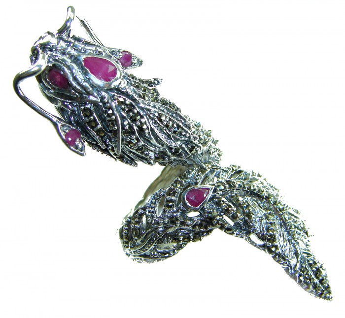 Massive Power - Oversized - Dragon 22.8 grams Marcasite Ruby . 925 Sterling Silver Ring s. 9