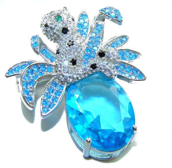 Blue Cheetah authentic 12.5 carat Swiss Blue Topaz .925 Sterling Silver Handcrafted pendant brooch