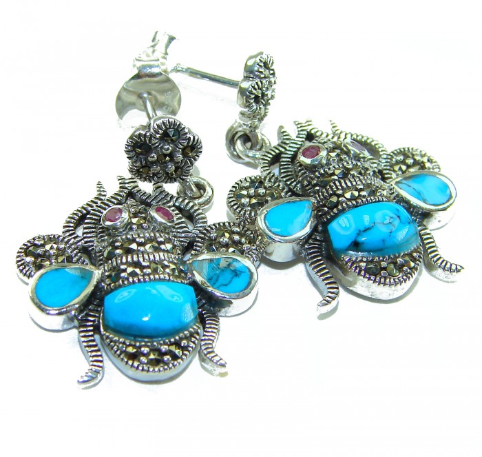 Blue Bees inlay Turquoise Ruby Marcasite .925 Sterling Silver Handcrafted earrings