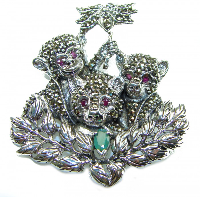 Three Monkeys - Spectacular - Ruby Marcasite .925 Sterling Silver handmade Brooch