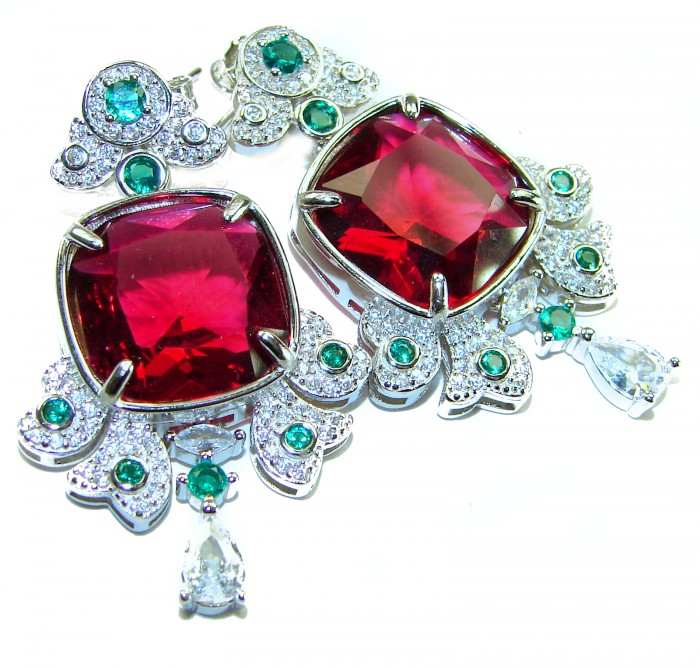 Art Deco - Luxurious natural 14.5 carat Ruby .925 Sterling Silver handmade Statement earrings