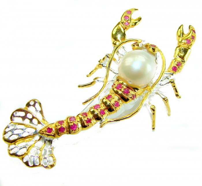 Precious Crayfish Natural Mother of Pearl Ruby 18K Gold over .925 Sterling Silver handmade Pendant Brooch