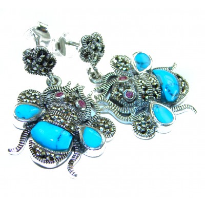 Blue Bees inlay Turquoise Ruby Marcasite .925 Sterling Silver Handcrafted earrings