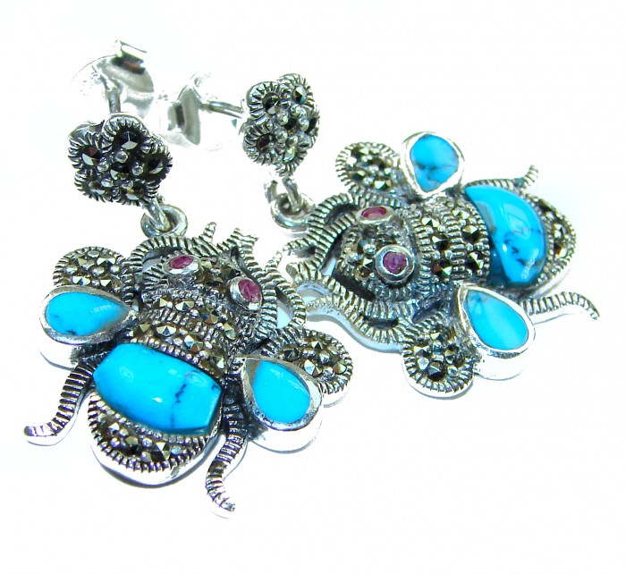 Blue Bees inlay Turquoise Ruby Marcasite .925 Sterling Silver Handcrafted earrings
