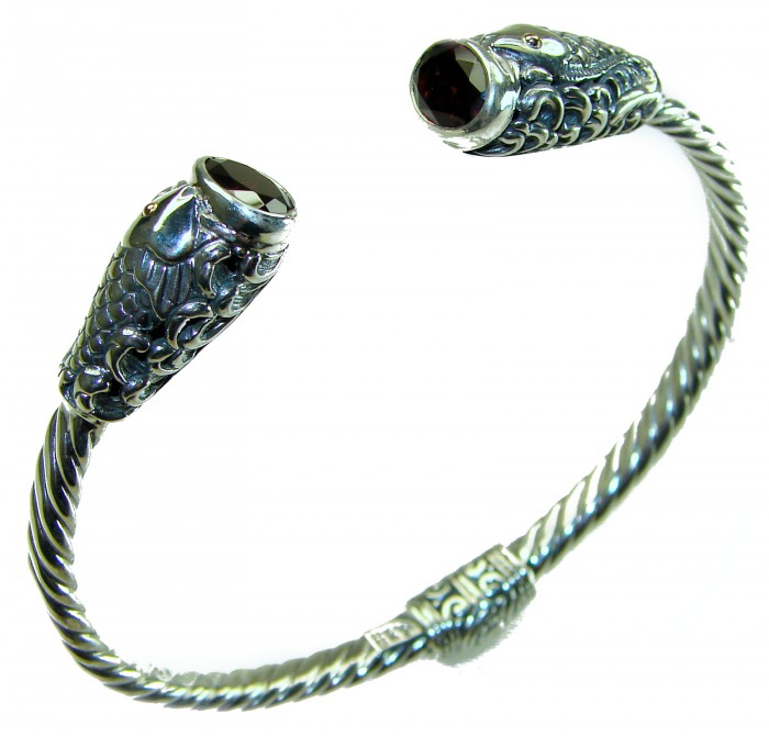 Two Fishes 5.5 carat Mozambique Garnet .925 Sterling Silver handcrafted Statement Bracelet / Cuff