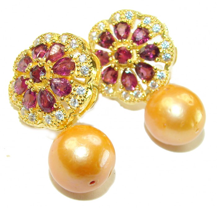 Sublime Golden Pearl Garnet 148K Gold over .925 Sterling Silver handcrafted Earrings
