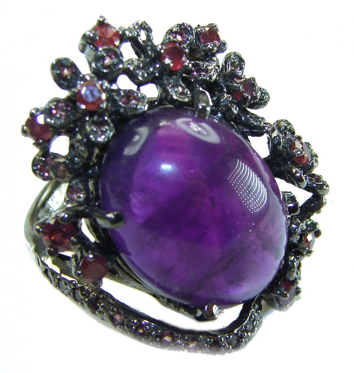 Purple Garden 25.5 carat Amethyst .925 Sterling Silver dipped black rhodium Handcrafted Ring size 9