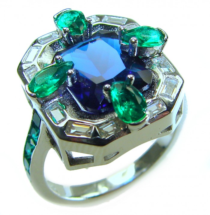 Art Deco 8.6 ctw Sapphire Emerald .925 Sterling Silver handcrafted Statement Ring size 7 1/2