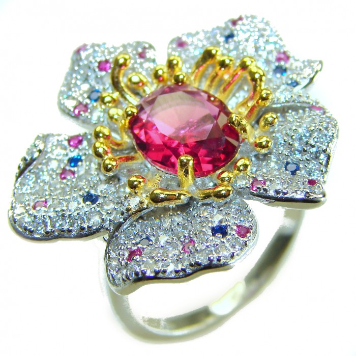 Spectacular Flower Authentic 4.3 carat Pink Tourmaline 2 tones .925 Sterling Silver handmade Cocktail Ring s. 7 1/4
