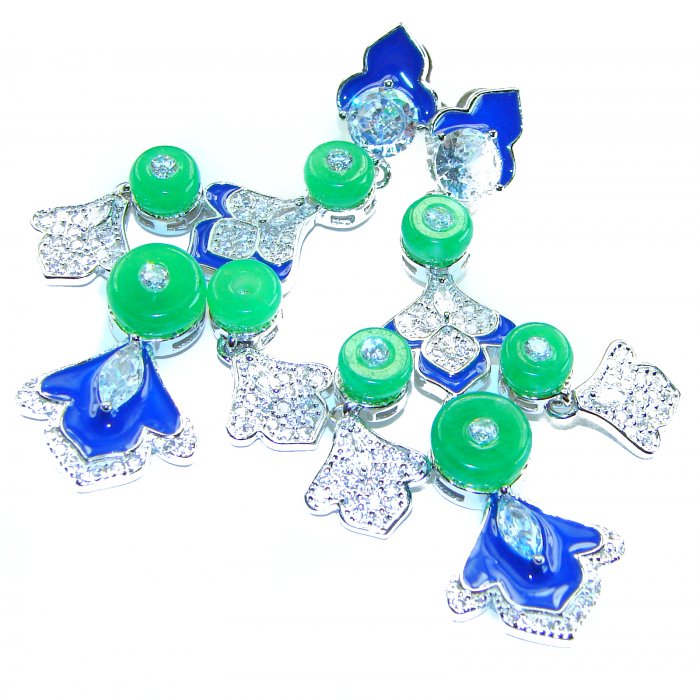 Art Deco - 8.8 carat Jade coral lapis lazuli enamel .925 Sterling Silver handmade Statement LONG Earrings - video