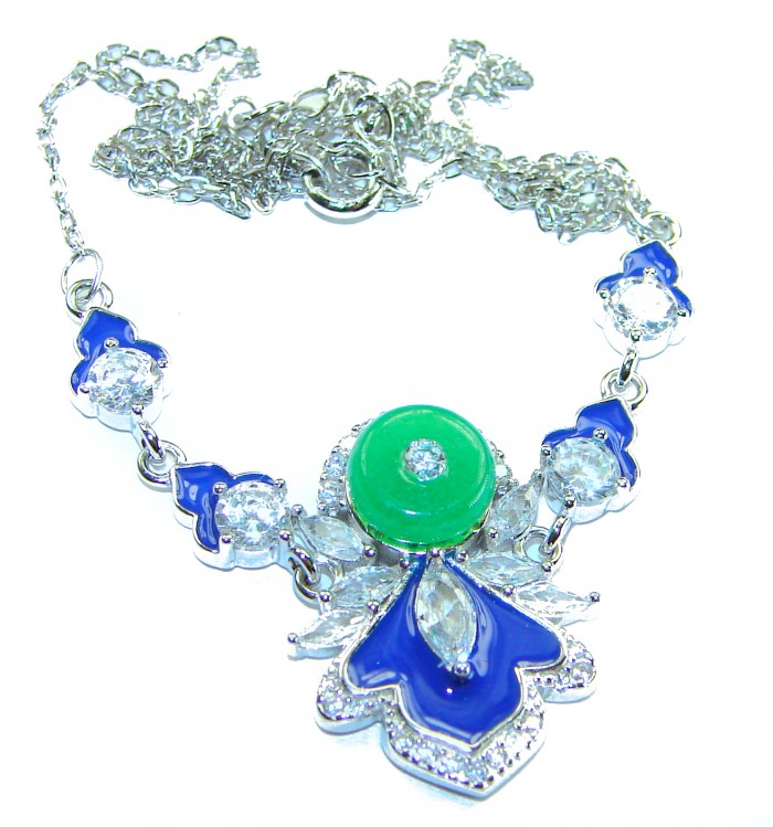 Art Deco - 5.8 carat Jade coral lapis lazuli enamel .925 Sterling Silver handmade Necklace