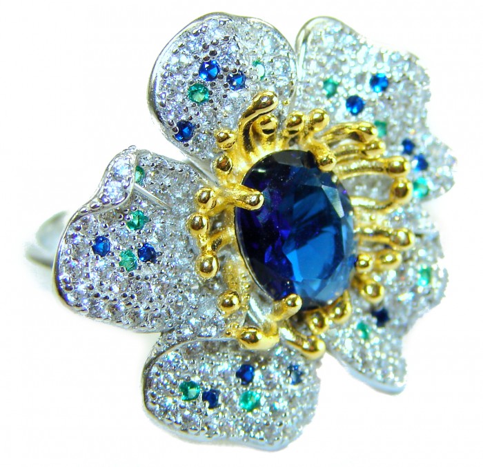 FLOWER - 4.8 carat Authentic SAPPHIRE 2 TONES .925 Sterling Silver Handcrafted Ring size 6 1/4