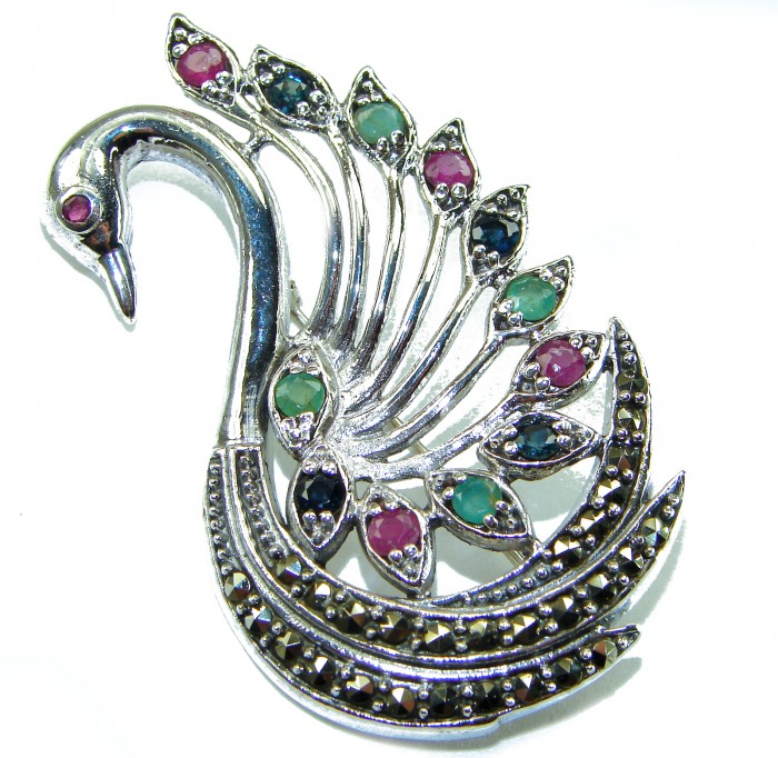 Perfect Swan Ruby 18K Gold over .925 Sterling Silver handmade Pendant Brooch