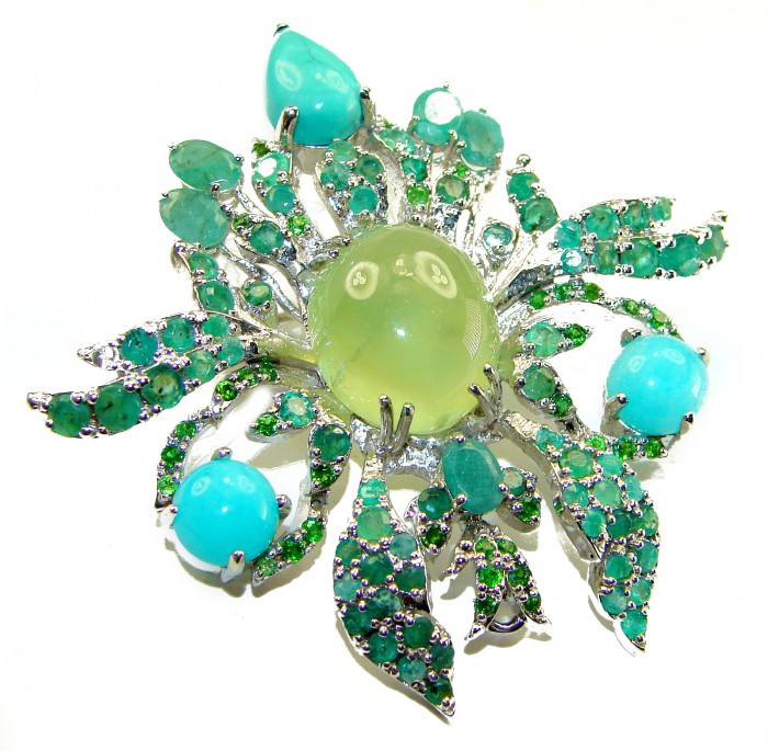 Gabriella 55.8 carat Colombian Emerald Prehnite Rhodium over .925 Sterling Silver handmade Pendant Brooch