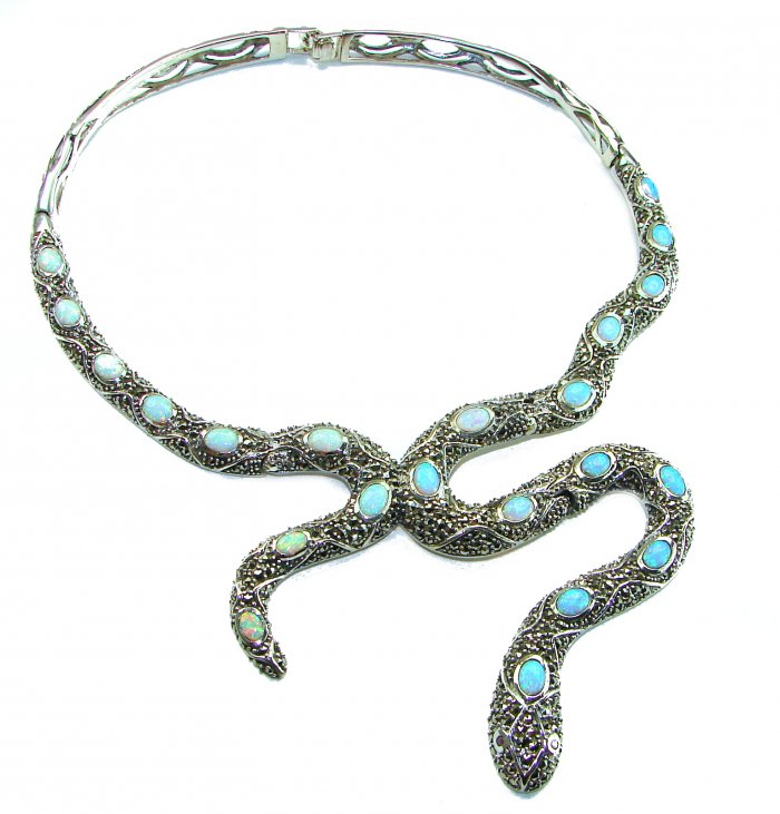 Large Snake genuine 57.8 carat Australian Blue Opal Marcasite .925 Sterling Silver handcrafted necklace - video